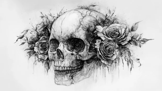Tattoo skull with stylized roses and faded skull lines.