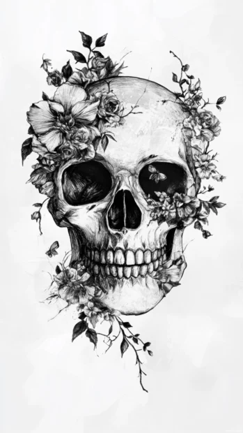 Tattoo style skull wallpaper 4K in black ink with floral overlays.