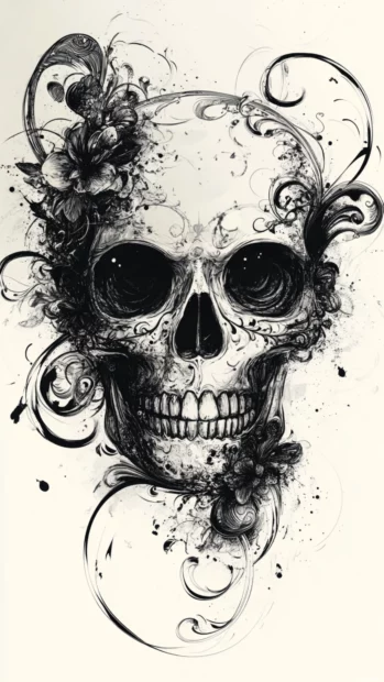 Tattoo style skull with floral swirls and black ink.