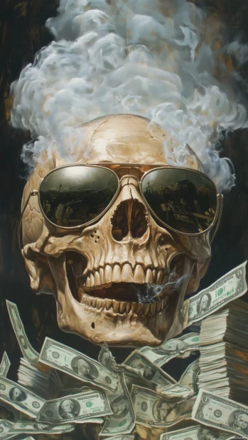 Tattooed skull, aviator sunglasses, puffing smoke, stacks of cash, high stakes ambiance.