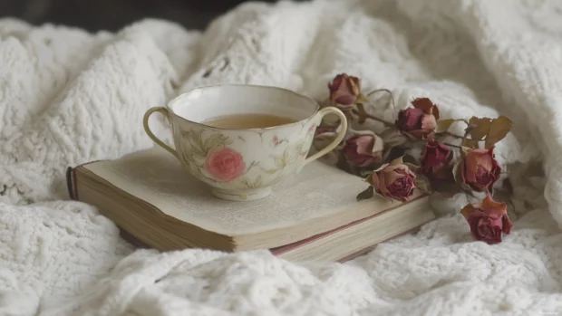 Teacup and book on a white blanket with dried roses.