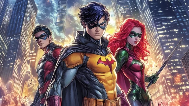 Teen Titans posing heroically, Robin, Starfire, Raven, city skyline, Cartoon Network logo in comic book style.