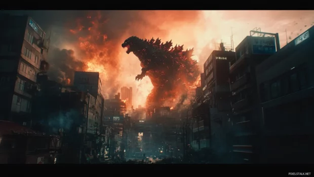 Terrifying Shin Godzilla wallpapers showing atomic breath splitting buildings.