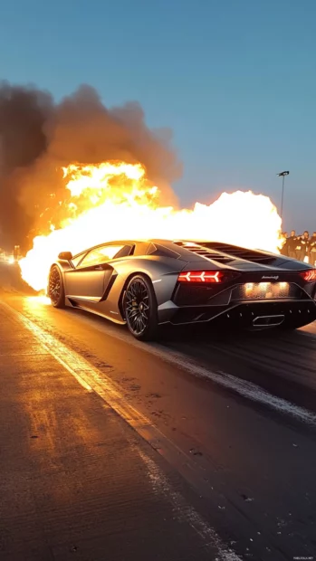 The Aventador mid launch with fire flaring from exhaust pipes.