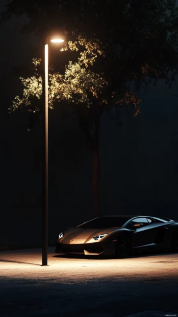 The Aventador parked under a lone streetlight with cinematic shadows.