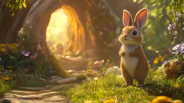 The Burrow standing in a dramatic light with enchanted background.