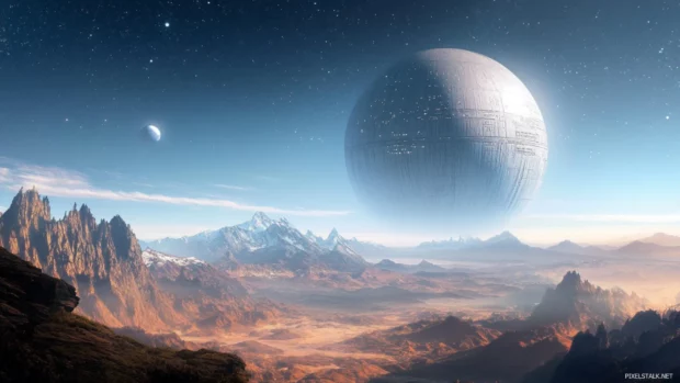 The Death Star orbiting a distant planet, part of the best wallpapers for Star Wars fans.