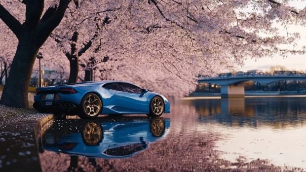 The Huracan reflects cherry blossoms while parked along a riverbank in early spring.