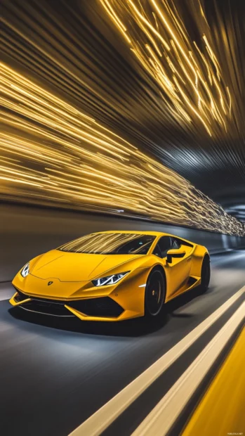 The Huracan rushes through a tunnel with golden motion trails behind.