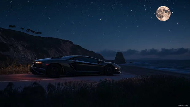 The Lamborghini Aventador glows beneath moonlight on a quiet coastal road.