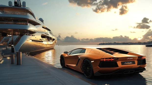 The Lamborghini Aventador parked beside a yacht at a luxurious dock.