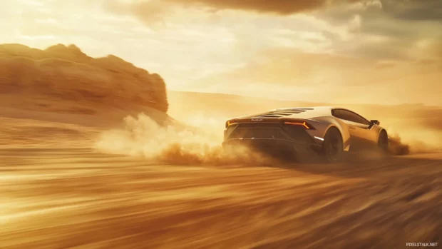 The Lamborghini Huracan races through a golden desert highway with smoke trails behind.