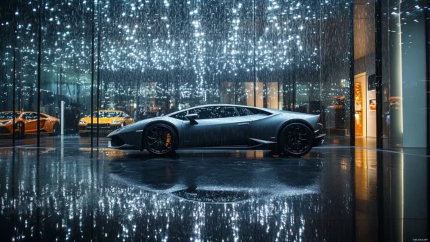The Lamborghini Huracn seen through rainy glass at a car museum.