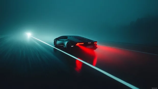 The Lamborghini Huracn slices through highway mist with high bea.