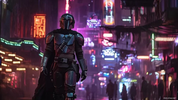 The Mandalorian walking through a neon lit alien city.