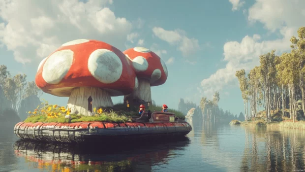 The Mario Bros hover between worlds on a floating raft shaped like a mushroom.