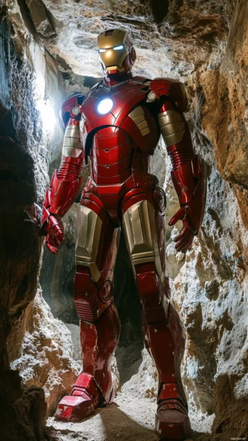 The Mark I Iron Man armor in a cave setting.