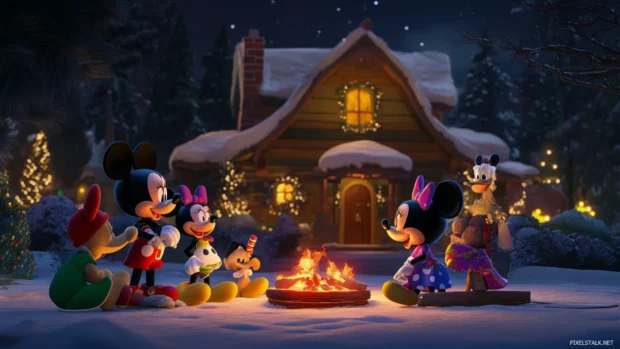 The Mickey Mouse Clubhouse glows softly in the evening as friends share stories.