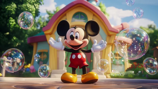 The Mickey Mouse Clubhouse surrounded by floating bubbles and happy laughter.