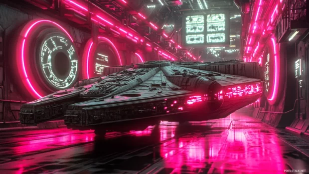The Millennium Falcon in dock under blinking neon lights.