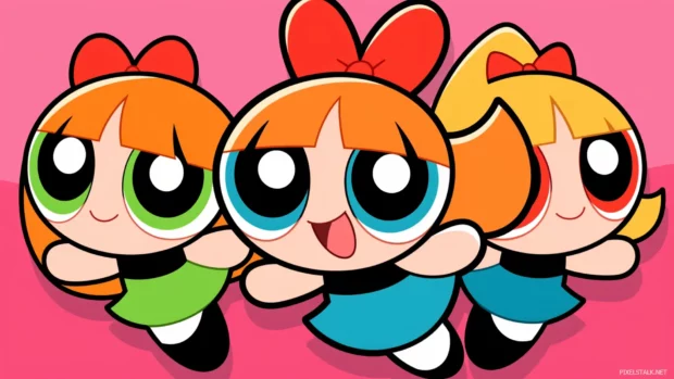 The Powerpuff Girls flying above Townsville, prepared to save the day, with a rainbow and clouds.