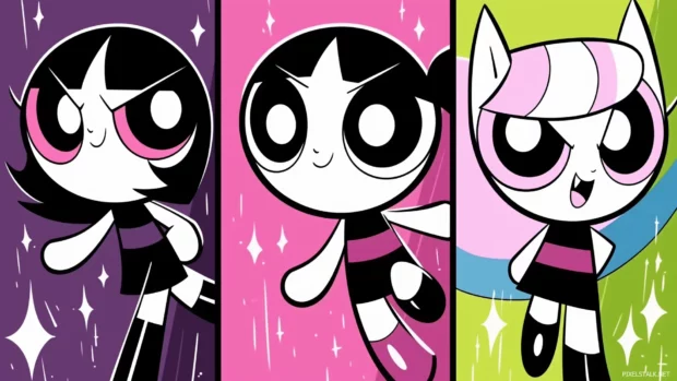 The Powerpuff Girls flying over Townsville, ready for action, with a rainbow and fluffy clouds.