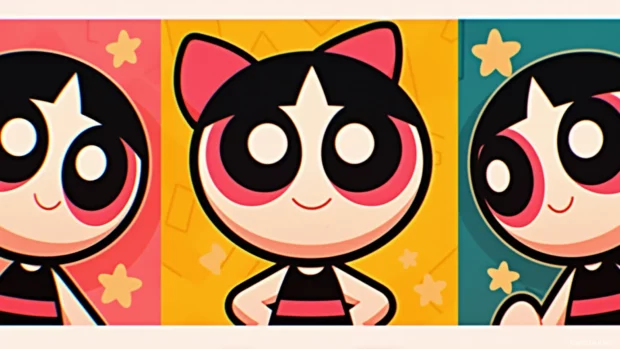 The Powerpuff Girls flying over Townsville, ready to save the day, with a bright rainbow and fluffy clouds in the background.