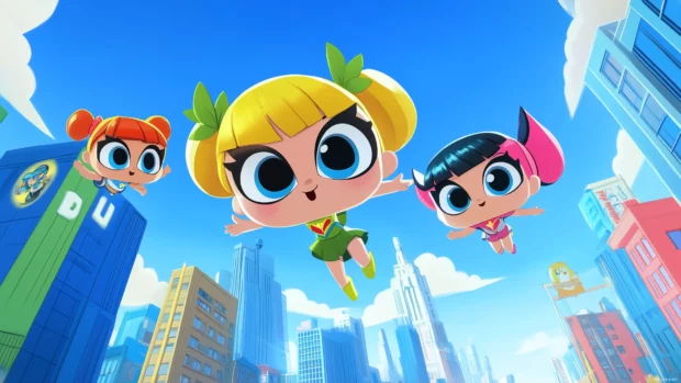 The Powerpuff Girls flying through a bright cityscape, saving the day from villains, with the Cartoon Network logo in the corner.