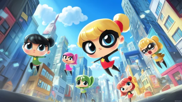 The Powerpuff Girls saving the day, flying through a cityscape, villains, Cartoon Network logo in corner.