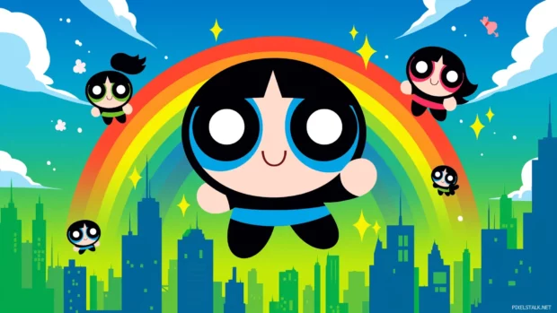 The Powerpuff Girls soaring over Townsville, ready to save the day, with a rainbow and fluffy clouds.