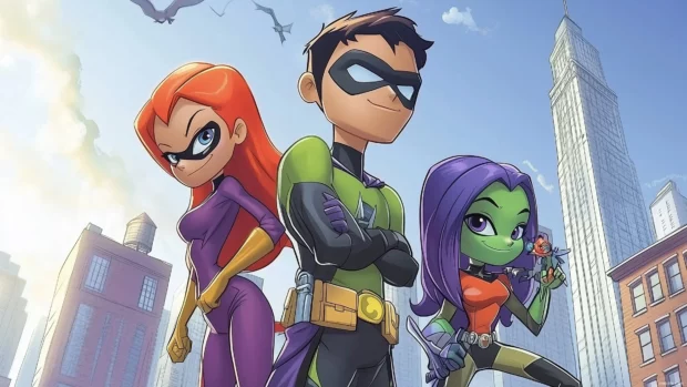 The Teen Titans, including Robin, Starfire, and Raven, posing heroically against a city skyline, with the Cartoon Network logo in a comic book style.