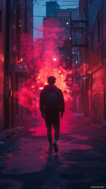 The alley behind him burns with color as the boy exits the frame, cool and collected.
