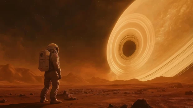 The astronaut gazes at a wormhole opening beyond Saturn.