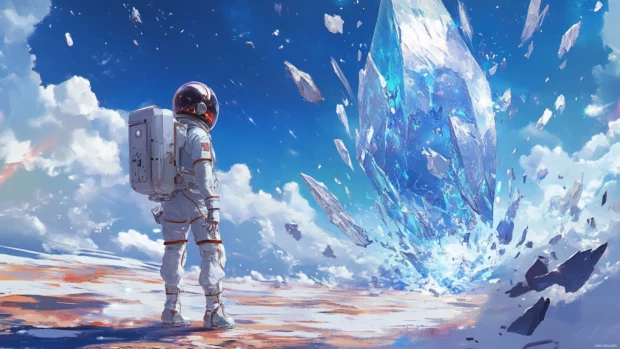 The astronaut is caught in a frozen moment inside a collapsing star.