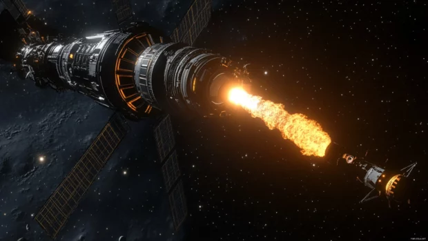 The astronaut sends a signal flare toward a distant space station.