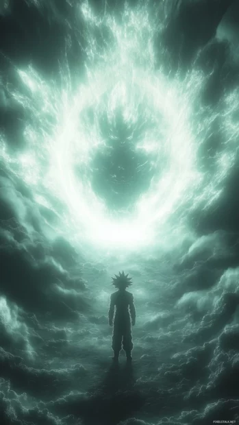 The aura around Goku flickers with light as he enters a new transformation.