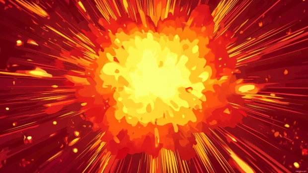 The background features a red cartoon explosion, with yellow in the center and orange on the edges  This is a vector illustration suitable for advertising and design elements, in a comic book style.