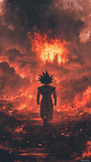 The battlefield burns behind Goku as he walks away slowly without turning back.