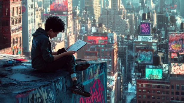 The boy sits on the edge of a rooftop, sketching graffiti in his notebook.