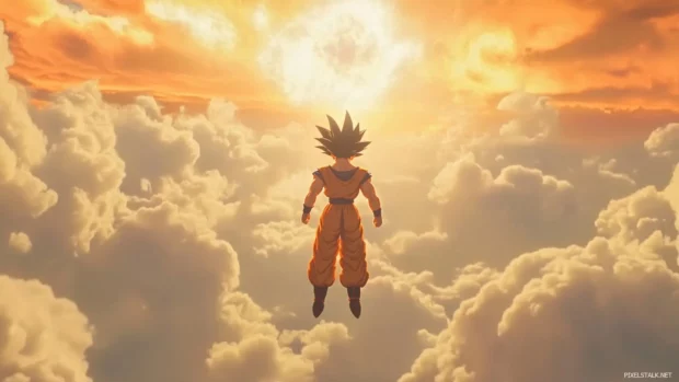 The camera angle rises slowly as Goku floats upward into the clouds.