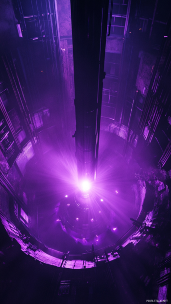 The central reactor pulses in rhythmic light beneath the cyberpunk streets.