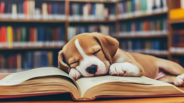 The cute puppy dozes off with its head on an open book in the library.