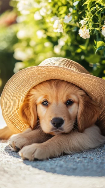 The cute puppy hides under a large sunhat lying in the garden.