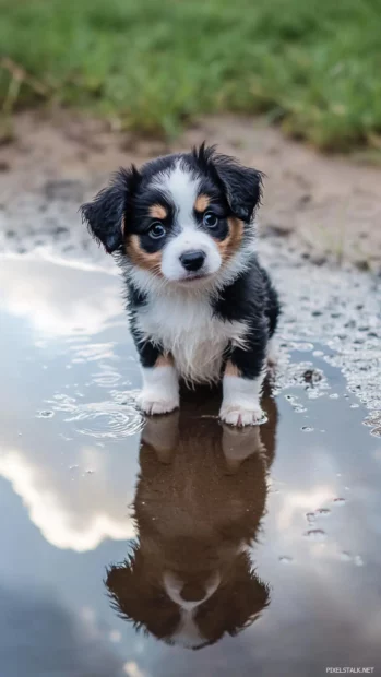 The cute puppy hops around a puddle reflecting fluffy clouds.