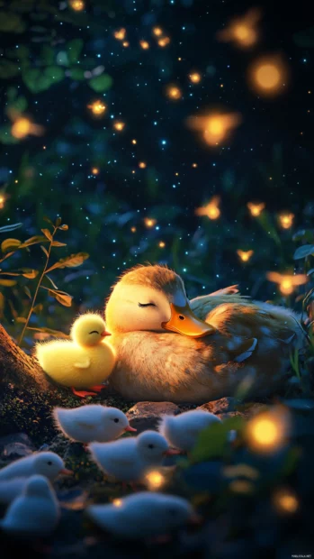 The duck snoozes with a chick plushie as fireflies glow in a night garden.