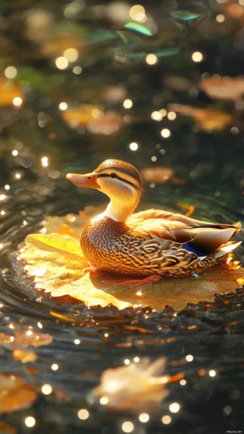 The duck waves cheerfully from a floating leaf as glittering water surrounds it.