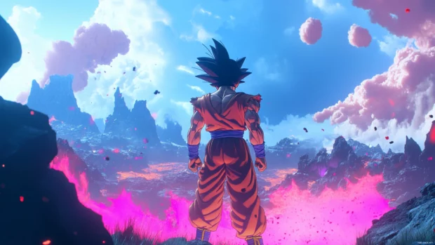 The earth cracks under Gokus feet as he plants himself firmly with a battle cry.