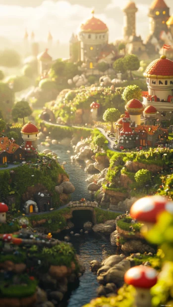 The entire Mushroom Kingdom bathed in golden sunlight, a peaceful Super Mario vista.