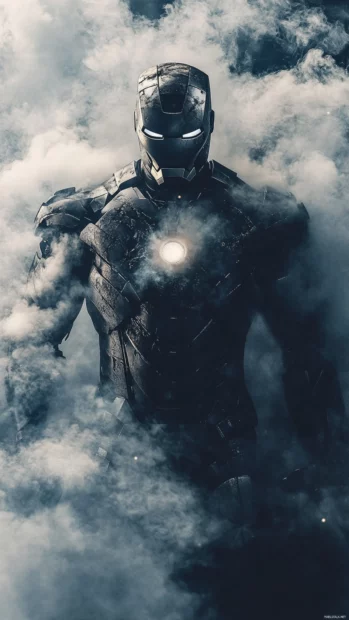 The figure of Iron Man Surrounded by Smoke as he rises from the wreckage beneath swirling clouds.