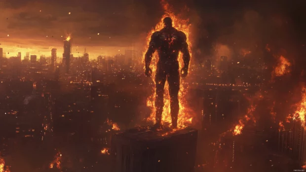 The figure of Iron Man with Flames as he rises from the wreckage overlooking a burning skyline.